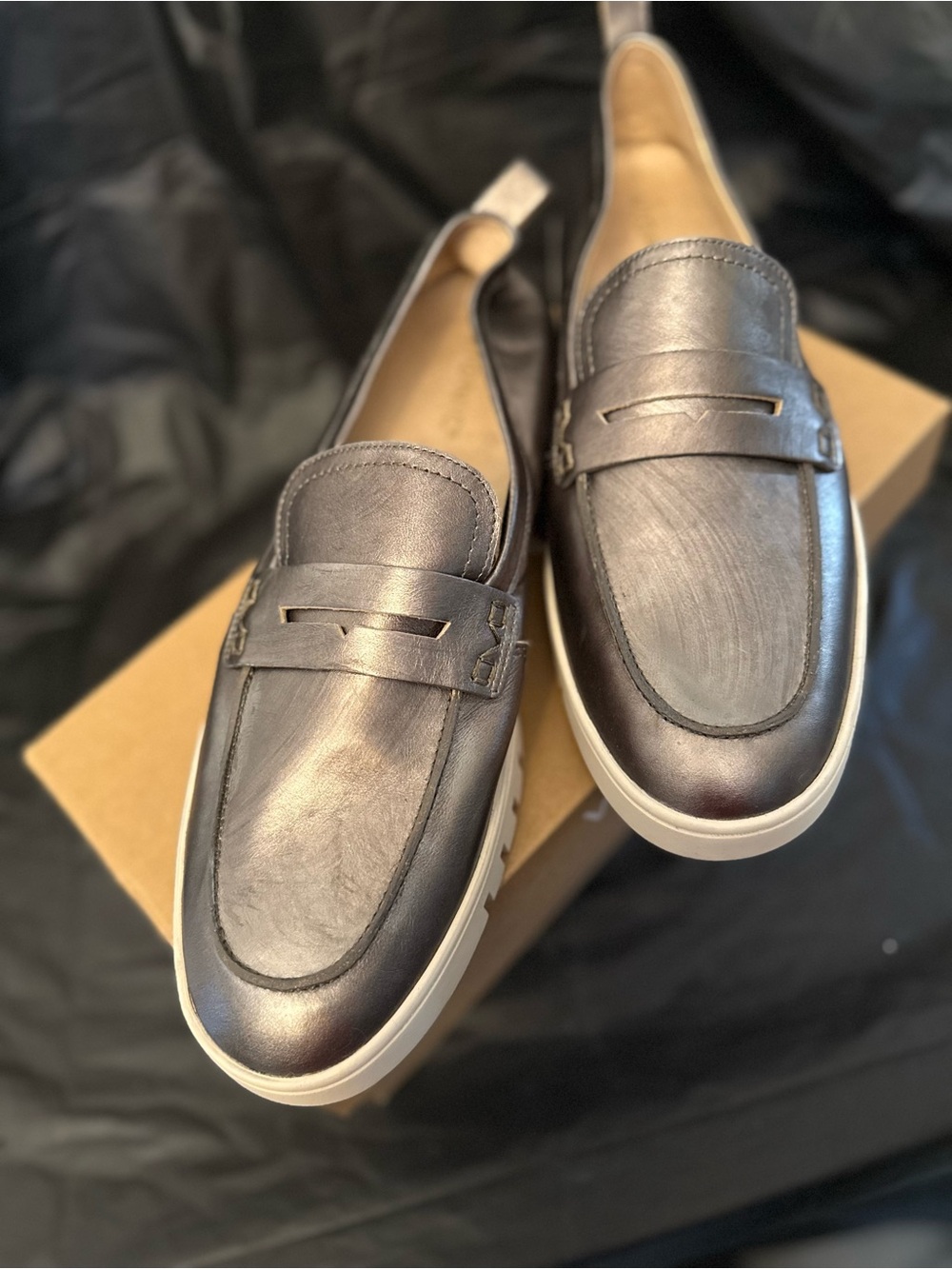 Vionic Gunmetal Leather Penny Loafers with White Sole